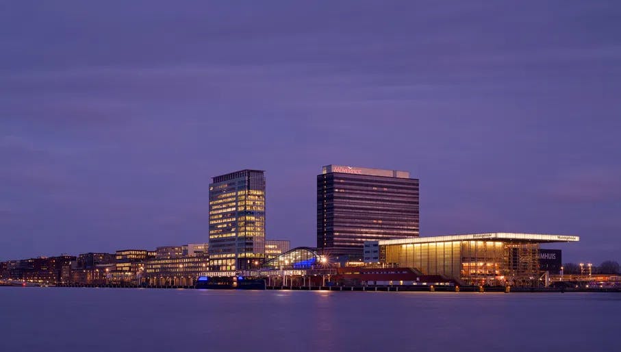 Mövenpick Hotel Amsterdam City Centre exterior, including Muziekgebouw and BIMHUIS.
