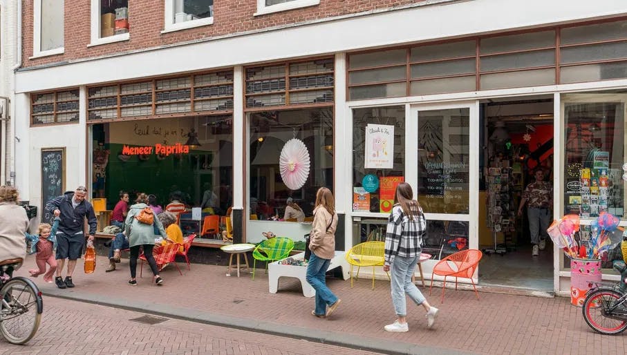 The entrance of Meneer Paprika café and toyshop in Haarlem.