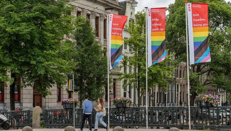 Queer & Pride flags at Raadhuisstraat during the Queer Walk 2023