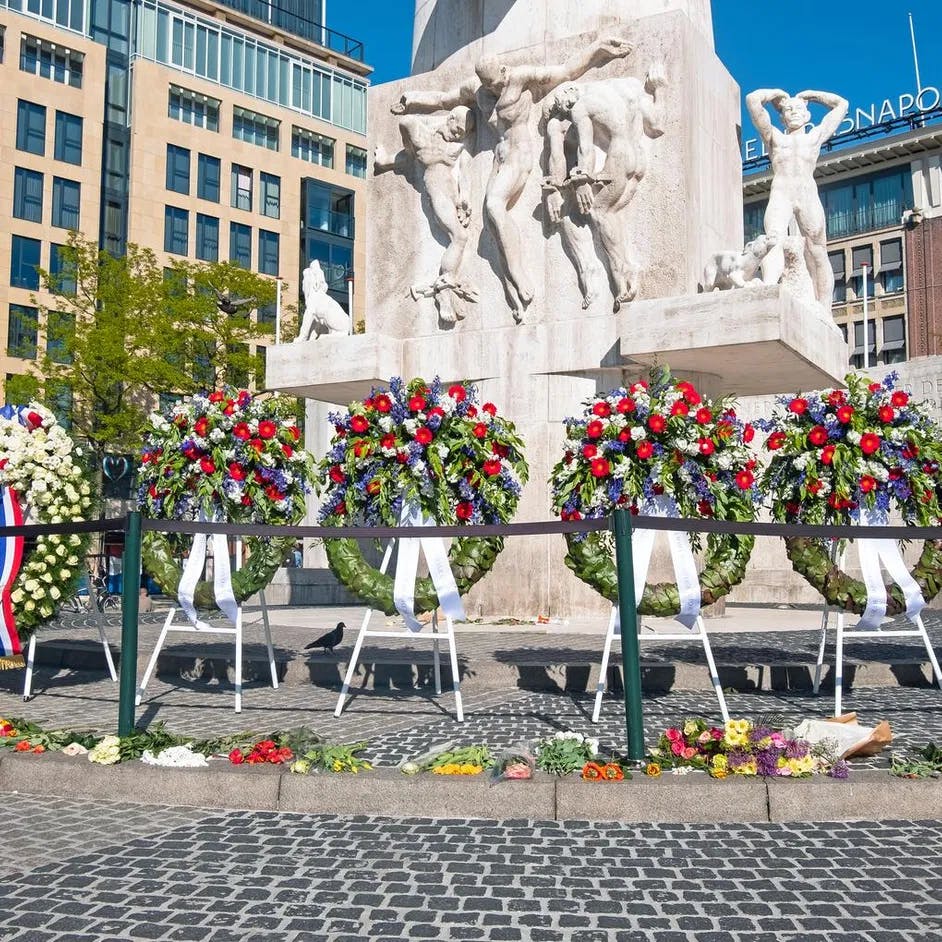 Amsterdam, Netherlands - May 5, 2020: Wreaths at the National Monument on the occasion of remembrance of the worldwar II in Amsterdam the Netherlands